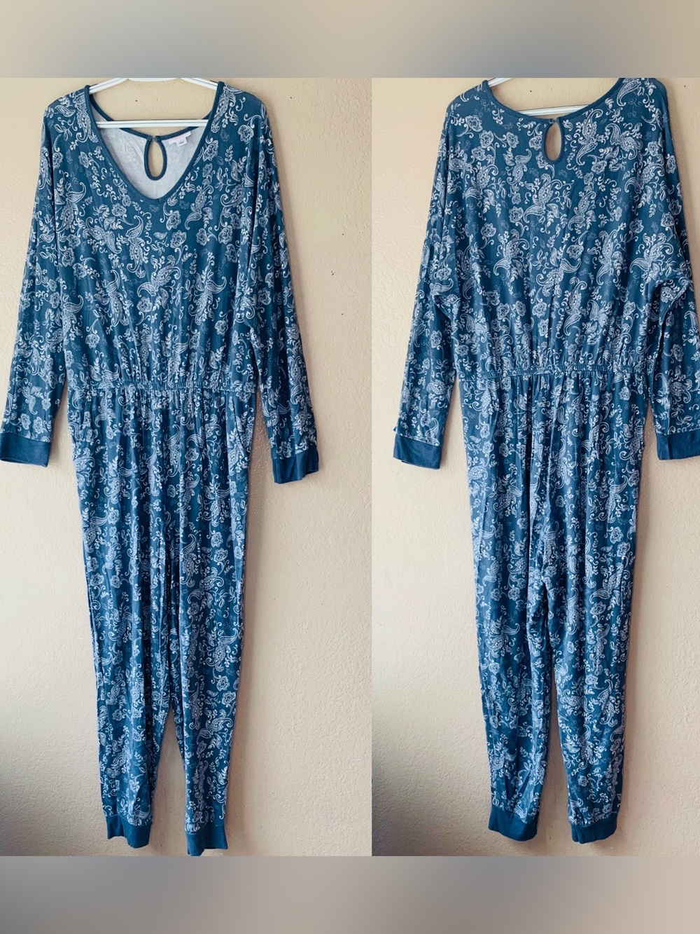 Lacy Chabert Collection Luxe French Terry Blue Paisley Loungewear Jumpsuit L - Picture 2 of 7
